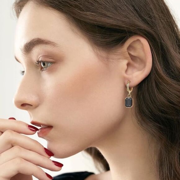 18K Yellow Gold with Black Onyx Crystal Dangling Octagon Huggie Earrings - Picture 4 of 6